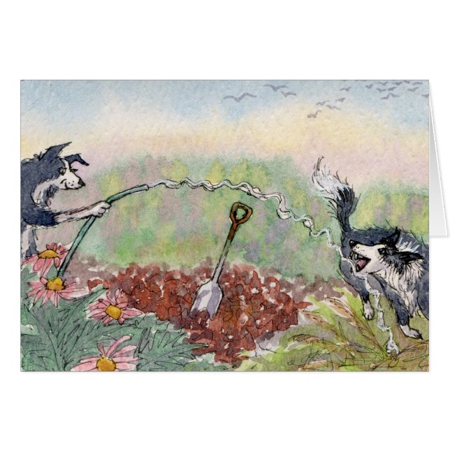 Att arbeta i trädgården är roligt! Hundar vattnar Hälsningskort (Framsidan Horizontal)