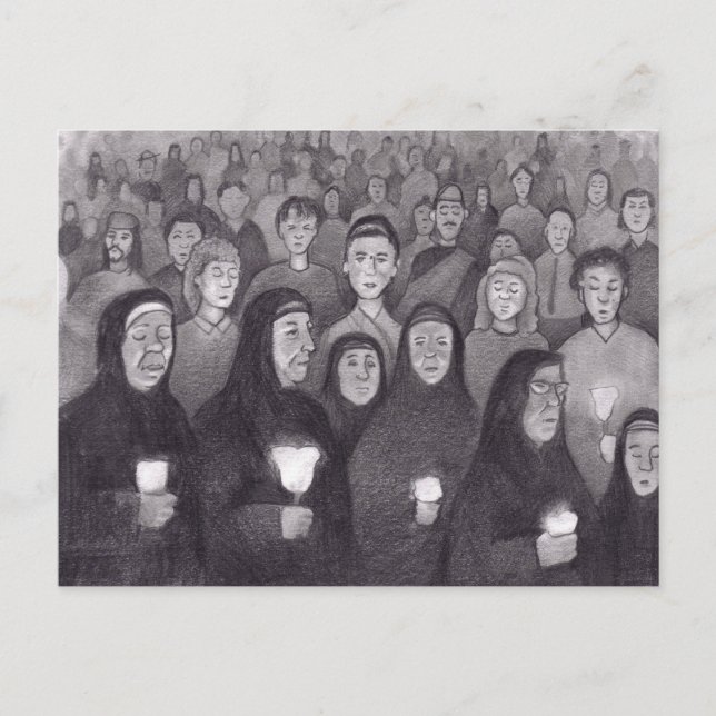 Att be vid ljuset av ett ljus i Lourdes, Frankrike Vykort (Framsida)