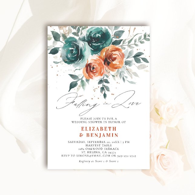Att falla för kärlek Whimsical bröllop brud shower Inbjudningar (falling in love wedding shower invitation teal burnt orange terracotta watercolor floral boho)