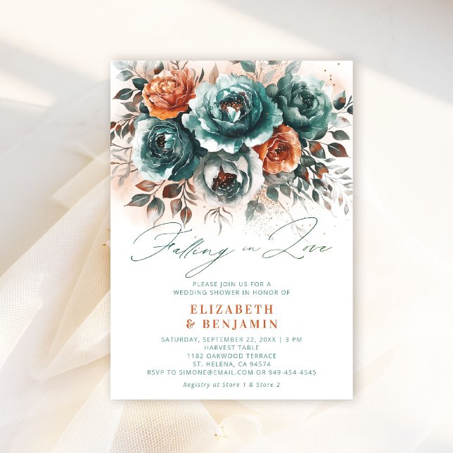 Att falla för Modern chic bröllop Brudskåp Inbjudningar (falling in love wedding shower invitation teal burnt orange terracotta floral elegant modern romance)