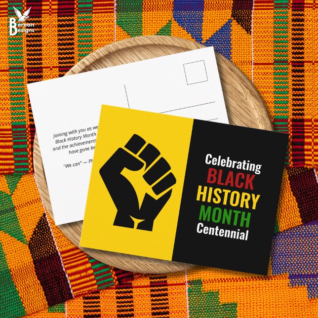Att fira Black History Month hundraårsjubileum Helg Vykort (BLACK HISTORY MONTH CENTENNIAL card to celebrate 100 Years of Black Pride. Design incl power fist)