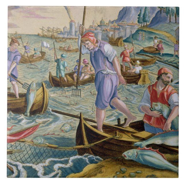 Att fiska med förtjänar och treuddar i fjärden av kakelplatta (Framsidan)
