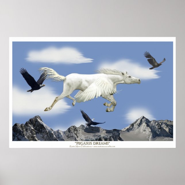 Att flyga Pegasus i Eagles bergsberg Fantasy Art Poster (Framsidan)