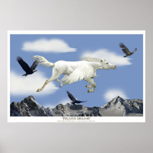 Att flyga Pegasus i Eagles bergsberg Fantasy Art Poster