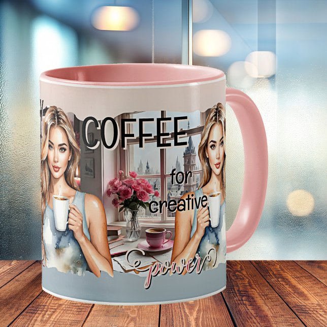 Att ge kvinnor ökat Kreativ konstnärligt Kaffemugg (Office mug featuring a watercolor illustration of a young woman with coffee. Empowering women.)