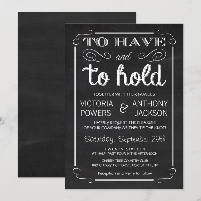 Att ha och vänta | Chalkboard Typography Bröllop Inbjudningar (Fram/baksida)