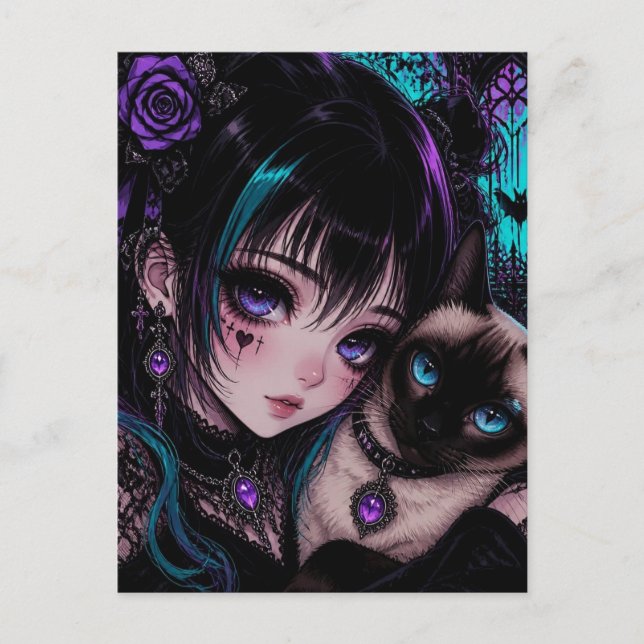 Att hålla kontakten | Animeflicka & Katt Vykort (Framsida)