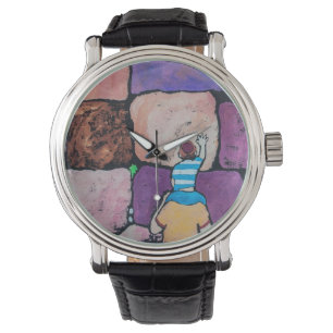 Att jämra sig väggen med förälder- och barnklo armbandsur