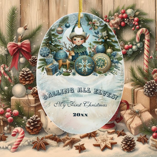 Att kalla alla Elves Snowflake-julen Party Inbjuda Julgransprydnad Keramik (Calling All Elves Snowflake Christmas Party Invite Ceramic Ornament)