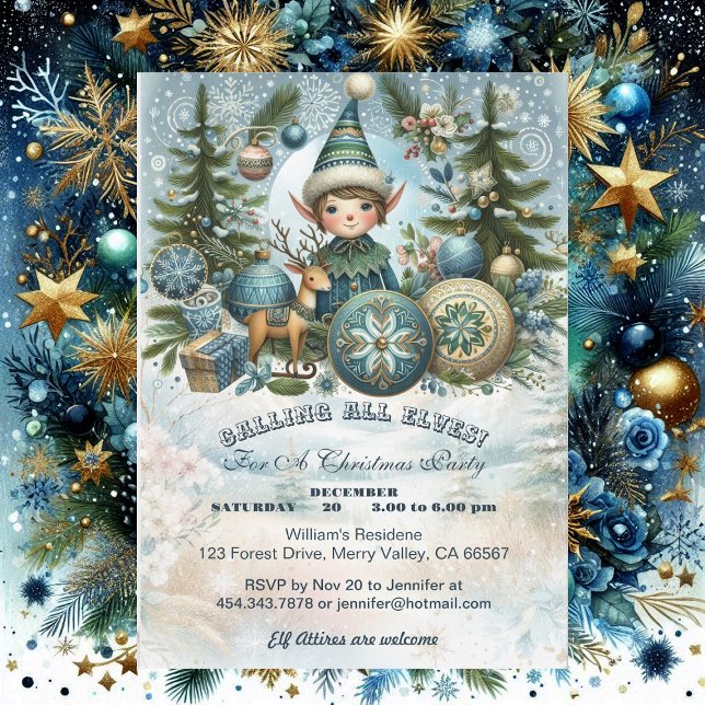 Att kalla alla Elves Snowflake-julen Party Inbjuda Julkort (Calling All Elves Snowflake Christmas Party Invite)
