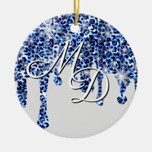 Att köra Blue Cheetah Sparkles Monogram Julgransprydnad Keramik