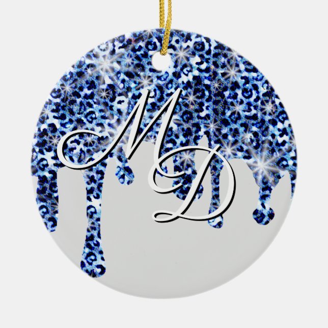 Att köra Blue Cheetah Sparkles Monogram Julgransprydnad Keramik (Framsidan)