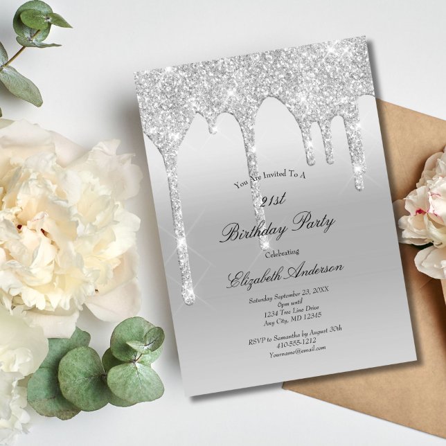 Att köra Glitter Silver Glam Bling 21:a födelsedag Inbjudningar (Silver Dripping Glitter 21st Birthday invitation Glam Bling)