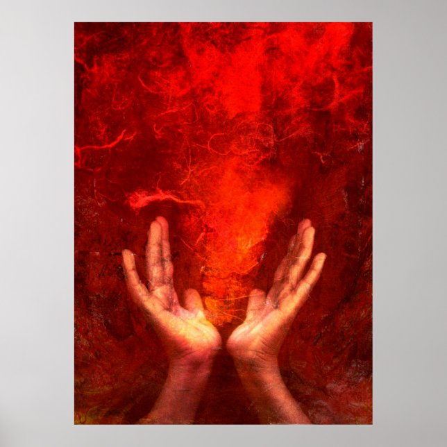 Att laga händer med flammande röd energi Reiki Poster (Framsidan)