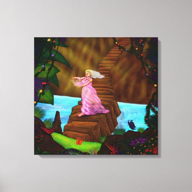 Att måla en ung kvinna som går över bron canvastryck (Framsida)