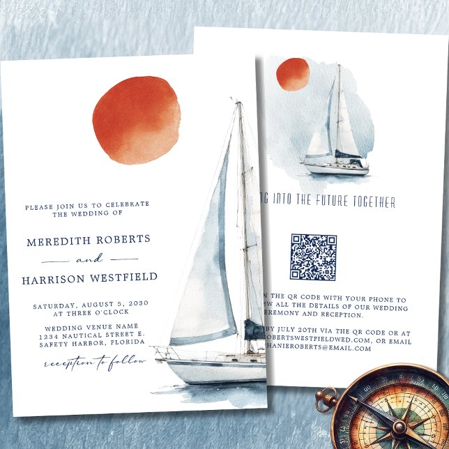 Att segla in i framtiden tillsammans med Bröllop Inbjudningar (Sailing Into The Future Together Sailboat Wedding Invitation 3)