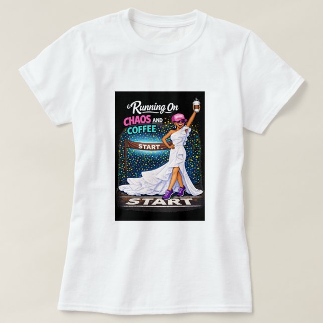 Att springa på kaos och bröllopsracet kaffe t shirt (Design framsida)