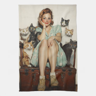 Att ta in Retro Crazy Cat Dam Vibes Kökshandduk