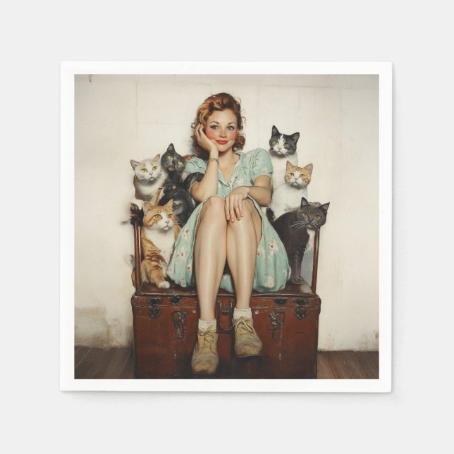Att ta in Retro Crazy Cat Dam Vibes Pappersservett (Framsidan)