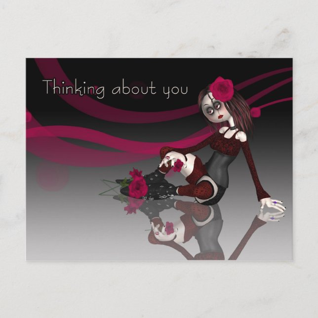 Att tänka på dig - Gothic Rag Doll med Rosor Vykort (Framsida)
