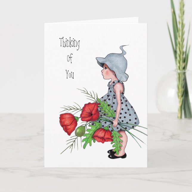 Att tänka på dig, lilla flicka med blommor, konst kort (Framsida)
