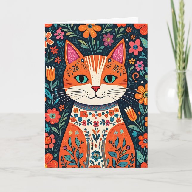 Att tänka på din vän | Folk Art Cat Kort (Framsida)