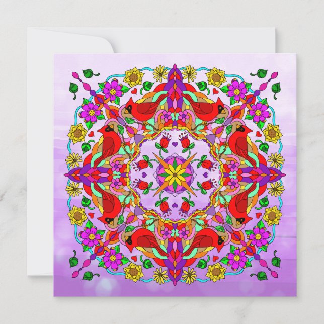 Att tänka på kardinal och Flowers Mandala Kort (Framsida)