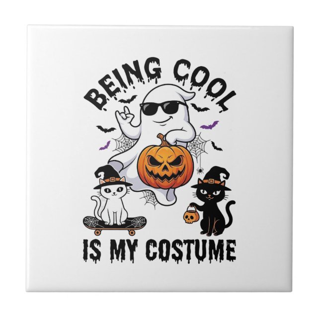 Att Vara Cool Är Kostym Halloween Spökpumpa Katt_ Kakelplatta (Framsidan)