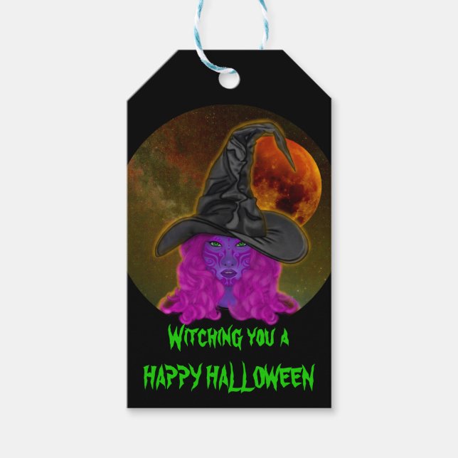 Att väva dig en Happy halloween Witch Party Presentetikett (Framsidan)