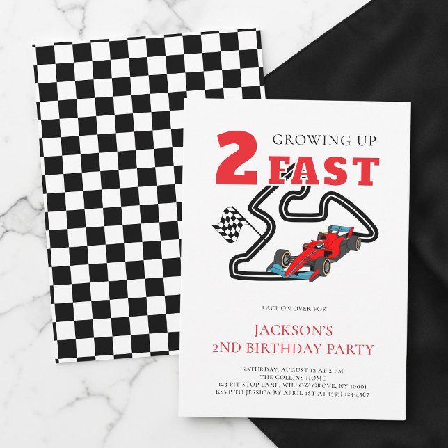 Att växa upp två snabbt röd bil pojke 2-års födels inbjudningar (Growing Up Two Fast Red Car Boy 2nd Birthday Party Invitation)