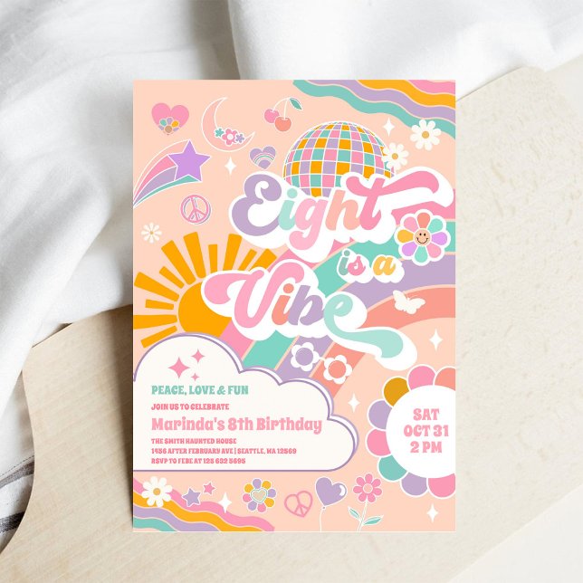 Åtta Är En Känsla Sol Regnbåge Disco 8-årsdag  Inbjudningar (Skapare uppladdad)