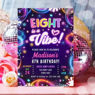 Åtta är en Vibe 8th Retro Neon Glow Girl Birthday Inbjudningar