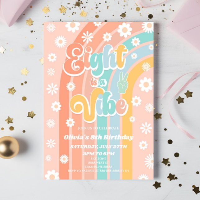 Åtta är en vibe Rainbow-Daisy åttonde Födelsedagsf Inbjudningar (Skapare uppladdad)