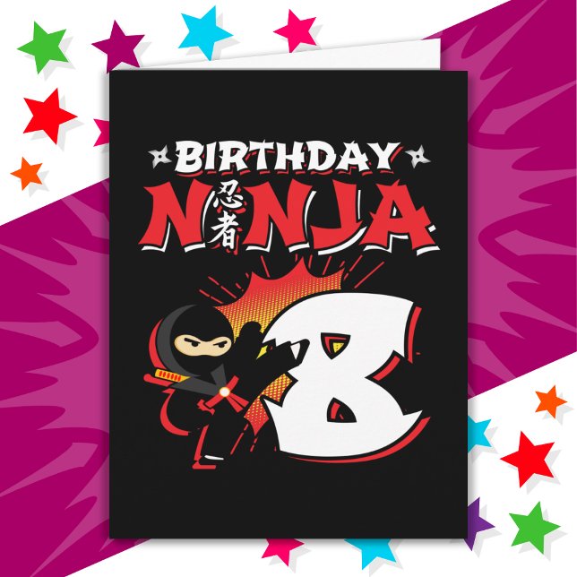 Åtta års gammal Tecknad Bok Stil Ninja 8:e födelse Kort (Skapare uppladdad)