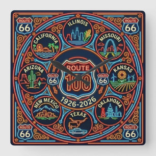 Åtta delstater Neon Route 66 Centennial 1926-2026 Fyrkantig Klocka