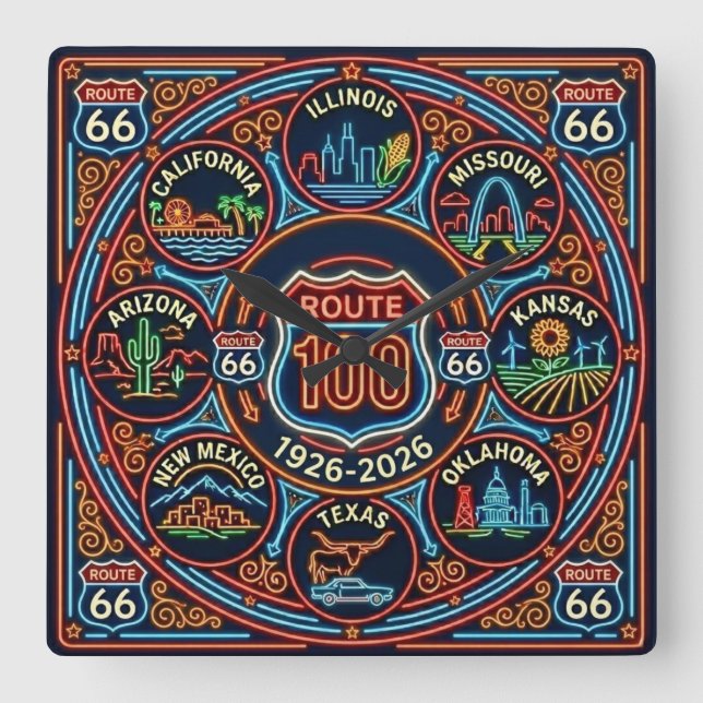 Åtta delstater Neon Route 66 Centennial 1926-2026 Fyrkantig Klocka (Framsida)