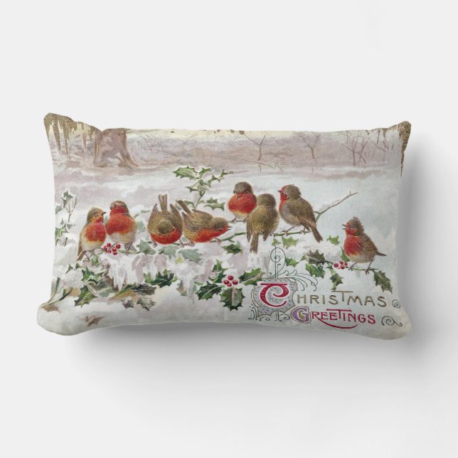 Åtta engelska Robins på järnekvintagejul Lumbarkudde (Framsida)