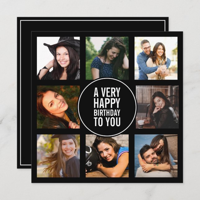 Åtta födelsedag Foto Collage Black and White Invi Inbjudningar (Fram/baksida)