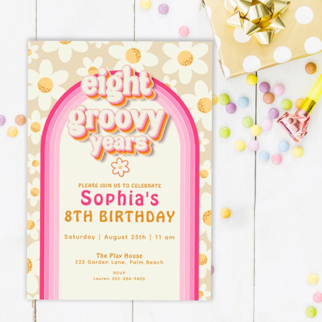 Åtta Groovy Years Daisy Rainbow Birthday Invati Inbjudningar (Skapare uppladdad)