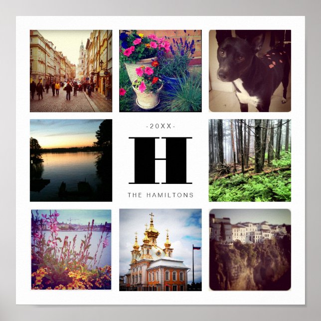 Åtta kvadratisk fotosamling med Family Monogram Poster (Framsidan)