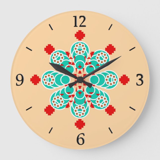 Åtta punkten Mandala - turkos och persikor Stor Klocka (Framsida)