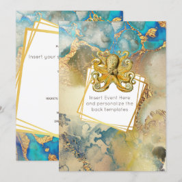 Åttaarmad bläckfisk akvarell guld blå brun nautisk inbjudningar