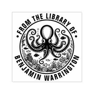 Åttaarmad fisk snäckor korall bibliotek boknamn självfärgande stämpel
