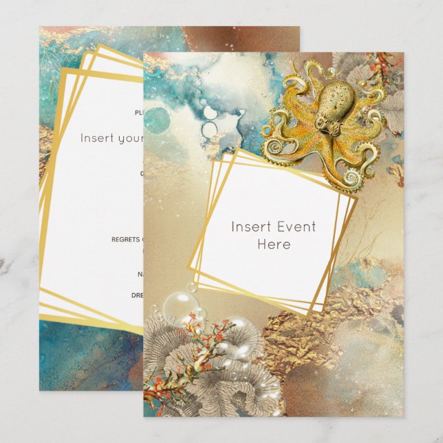 Åttabent korallrev akvarell marin nautisk inbjudningar (Fram/baksida)