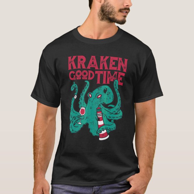 Åttabent Kraken God Tid Vin   T Shirt (Framsida)