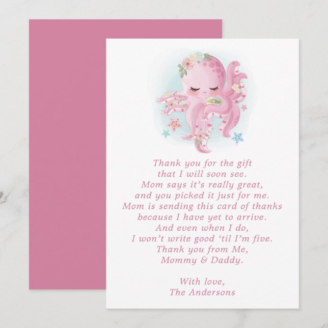 Åttabent Rosa Akvarell Baby Shower Tacksamhetskort Tack Kort (Fram/baksida)