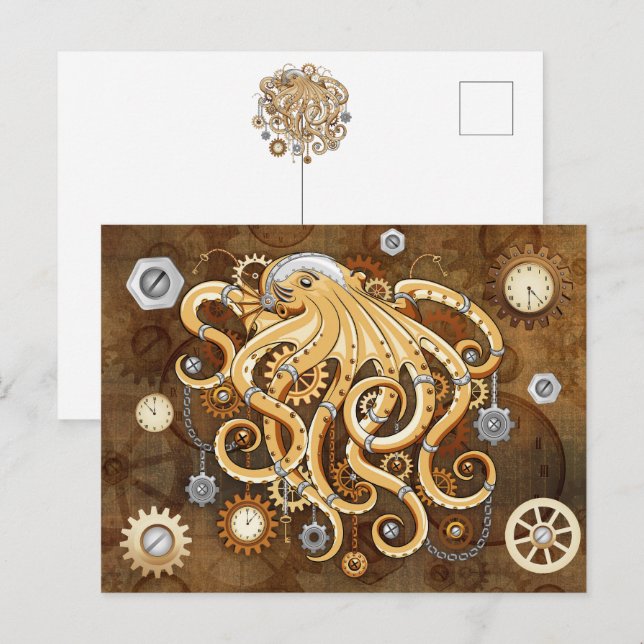 Åttabent Steampunk Retro Mekanisk Fantasy Helg Vykort (Fram/baksida)
