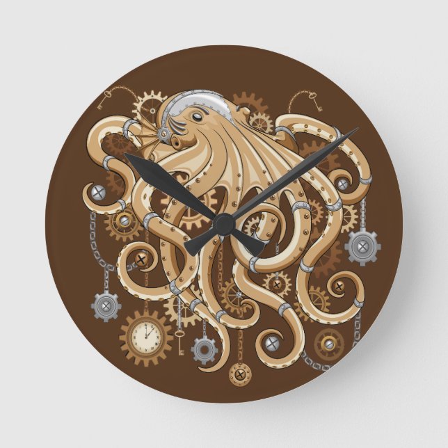 Åttabent Steampunk Retro Mekanisk Fantasy Rund Klocka (Framsida)
