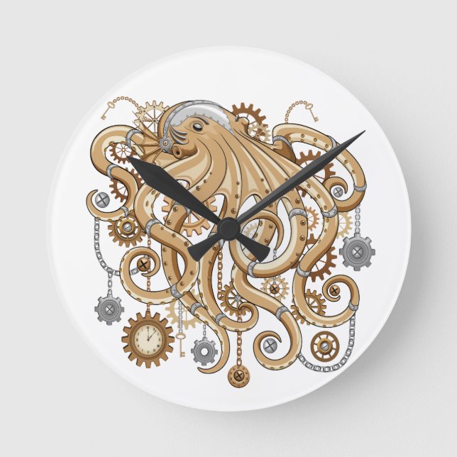 Åttabent Steampunk Retro Mekanisk Fantasy Rund Klocka (Framsida)