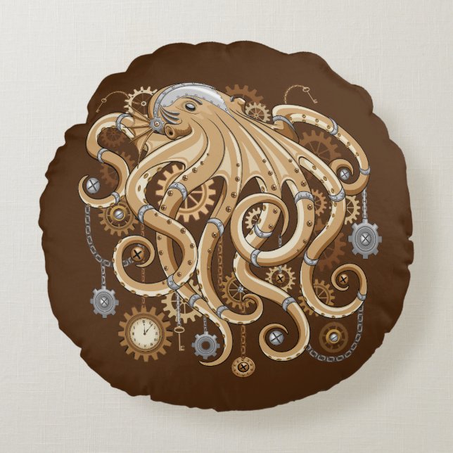 Åttabent Steampunk Retro Mekanisk Fantasy Rund Kudde (Framsidan)